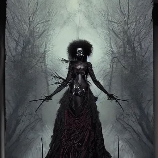 Prompt: Dark Fantasy Painting of a voodoo witch with a sinister evil look on her face, black widow spiders in her hair, creepy, unsettling, horror, upper body, wearing a dark dress, intricate, wild, highly detailed, digital painting, artstation, concept art, smooth, sharp focus, illustration, art by artgerm and greg rutkowski and alphonse mucha