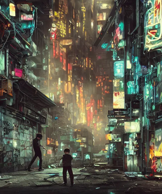 Image similar to a highly detailed contemporary painting of a tiny boy in a Jumpsuit standing in a dark alley, abandoned buildings with graffiti, a nightclub with neon sign, menacing skyline by Studio Ghibli, Makoto Shinkai, by Artgerm, by WLOP, by Greg Rutkowski, volumetric lighting, cyberpunk, octane render, 4K resolution, trending on artstation, masterpiece