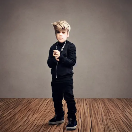 Prompt: professional portrait photograph of justin bieber age 5 5