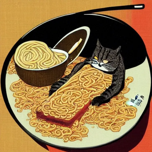 Prompt: fat cat eating ramen noodles on toast, japanese art