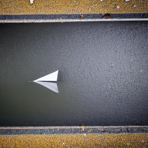 Image similar to long shot, of paper sailboat floating in a puddle near the sewer drain, 4k, HD Photography