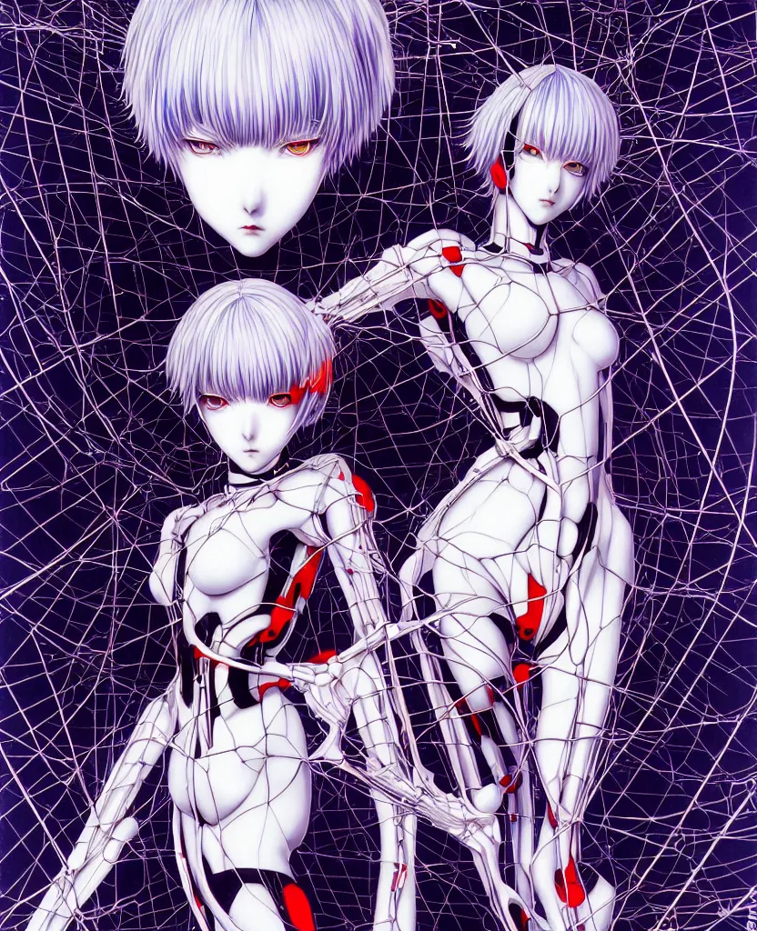 Image similar to symmetrical, rei ayanami, depth perception, depth of field, high resolution, action horror, gothic, rich deep colors. by yoshitaka amano, by yukito kishiro, by yoshiyuki sadamoto, masterpiece, composition of perspective fractal grids, science of energy, signal processing, music and entertainment