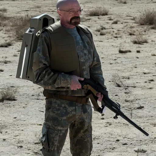 Image similar to Photo of Walter White wearing heavy modern military gear and holding a bulletproof shield, highly detailed, 8k