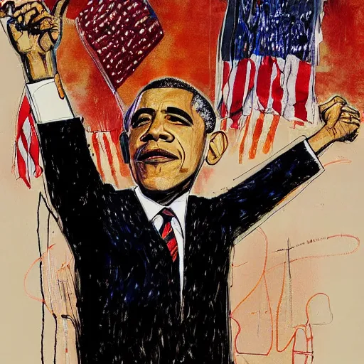 Prompt: presidential portrait of Barack Obama painted by Ralph Steadman