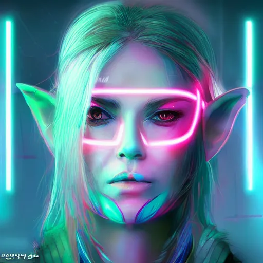 Image similar to portrait of an elf in a cyberpunk style, neon lights, digital art, highly-detailed artstation cgsociety masterpiece