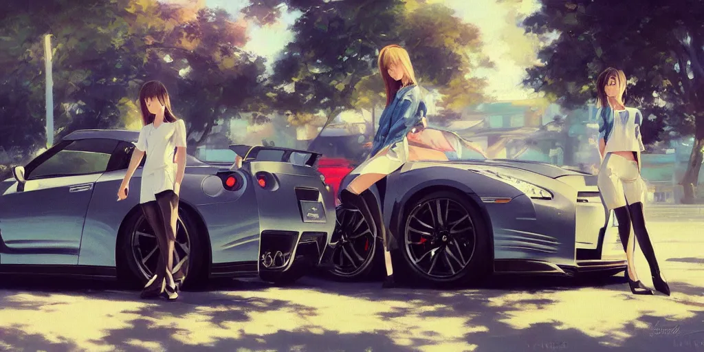 Image similar to A ultradetailed beautiful panting of a stylish girl standing in front of a Nissan GTR, Oil painting, by Ilya Kuvshinov, Greg Rutkowski and Makoto Shinkai