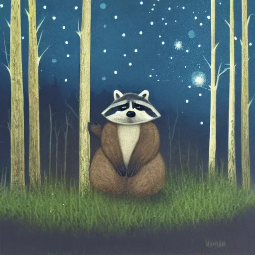 Image similar to a chubby raccoon, in forest, at night