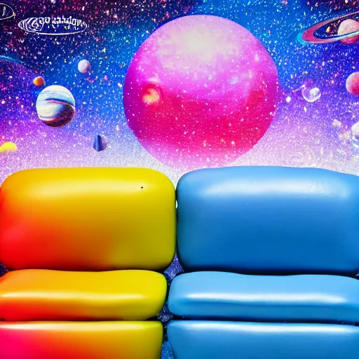 Image similar to fisher price couch, perfect focus, psychedelic trippy couch in space, planets, milky way, sofa scene from tv show hyper detailed 5 5 mm 8 5 mm, toy photography, made out of plastic