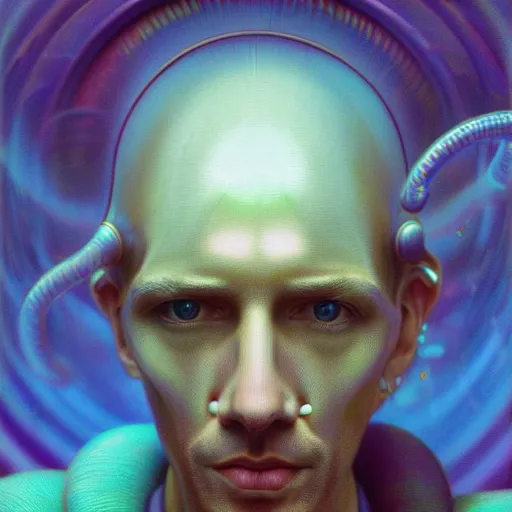 Image similar to realistic extremely detailed portrait painting of an average man , retro futuristic , by beeple,Jean Delville, Amano, Yves Tanguy, Alphonse Mucha, Ernst Haeckel, Edward Robert Hughes, Roger Dean, rich psychedelic moody colors, blue eyes,octane render,4k.f32