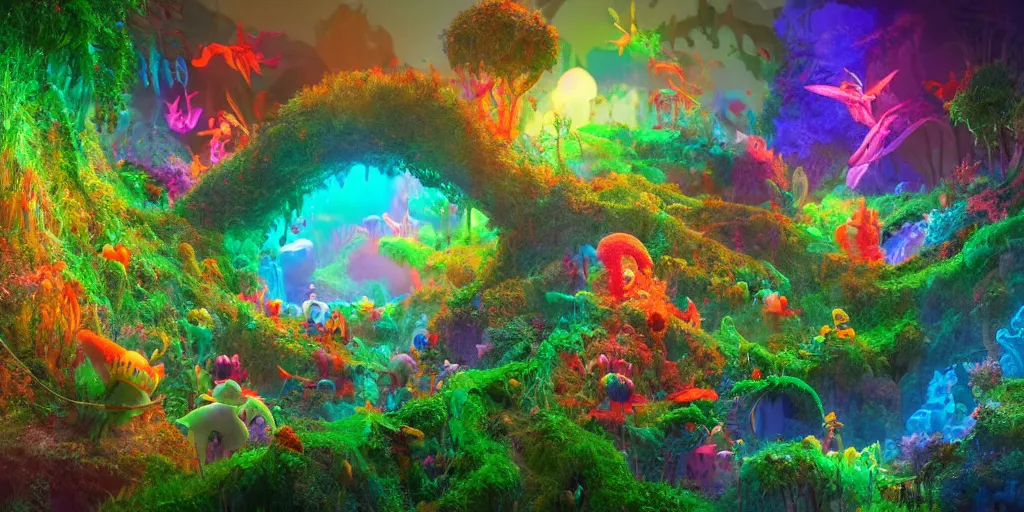 Prompt: an incredibly hyper realistic organic world of irridescent beings in the style of dr. seuss by hr. geiger, cinematic colors, behance contest winner, global illumination, radiant light, detailed and intricate environment