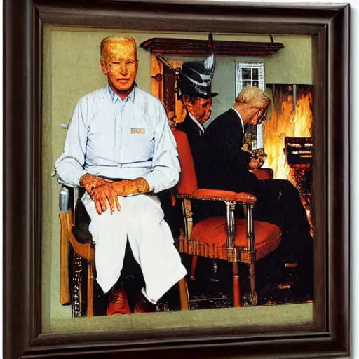 Image similar to eye level portrait painting by Norman Rockwell of Joe Biden sitting in a chair. Cozy fire. Legs apart