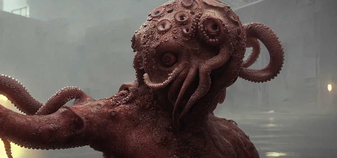 Prompt: an octopus in the shape of a cyborg head, foggy, cinematic shot, photo still from movie by denis villeneuve, wayne barlowe