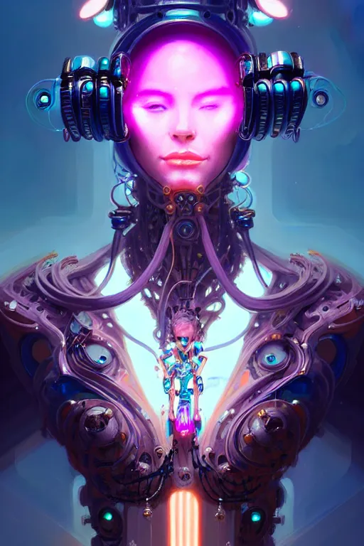 Image similar to portrait, biomechanical bioluminescent queen, cyberpunk, bionics, augments, cables, elegant gleaming intricate baroque jewellery, colorful, vivid, imposing, epic, digital painting, artstation, concept art, by peter mohrbacher and wlop and rhads