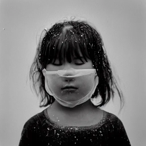 Prompt: Analog photographic portrait with 50 mm lens and f/12.0 of a young child with her eyes closed and her face covered in white viscous fluid