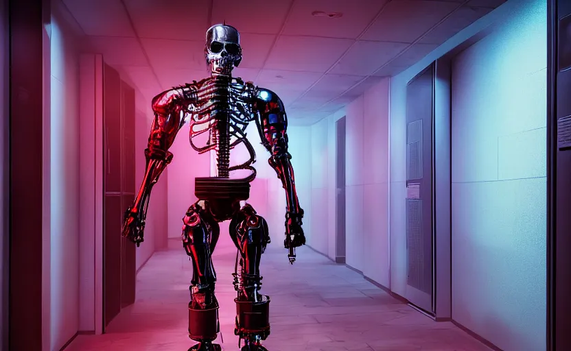 Image similar to terminator without flesh, staying in front of server room. extreme long shot, high detail, low saturated red and blue light, cinematic colors