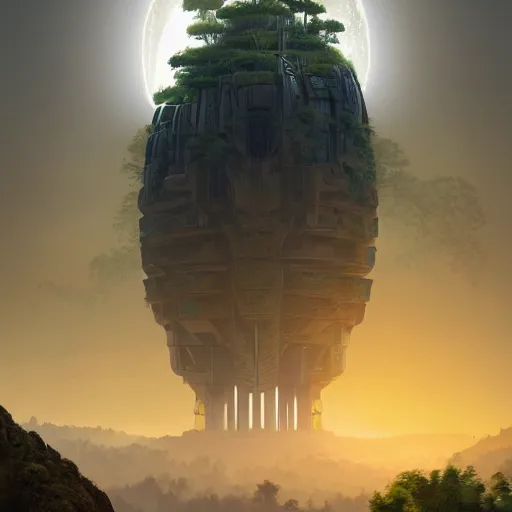 Prompt: futuristic temple tower between green hills with big trees, multiple planets, dramatic lighting, artstation, matte painting, raphael lacoste, simon stalenhag, frank lloyd wright