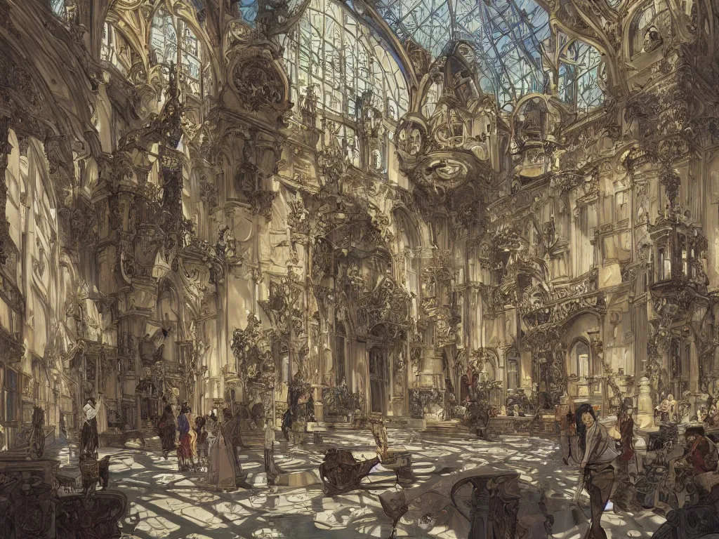 Prompt: a cour aux ernests inside ecole normale superieure in paris, main courtyard during the day with the fountain, intricate, elegant, highly detailed, digital painting, artstation, concept art, smooth, sharp focus, colored illustration for tattoo, art by krenz cushart and artem demura and alphonse mucha,