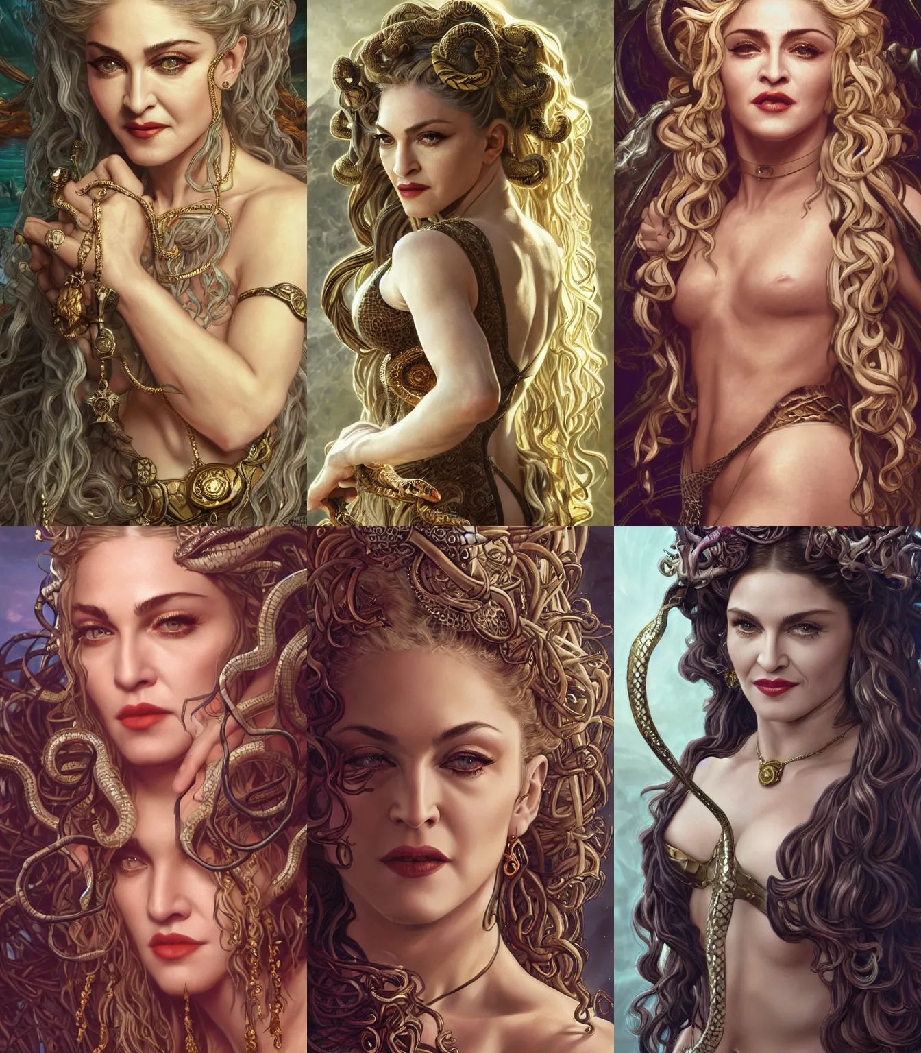 Prompt: Madonna, the singer, as Medusa snakehair closeup, D&D, fantasy, intricate, elegant, highly detailed, digital painting, artstation, concept art, matte, sharp focus, illustration, hearthstone, art by Artgerm and Greg Rutkowski and Alphonse Mucha tarotcard