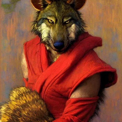 Image similar to a male ratwolfman rat wolf man in a red kimono furry arms furry body. furaffinity furry art detailed face painting by gaston bussiere craig mullins jc leyendecker gustav klimt artgerm greg rutkowski furry