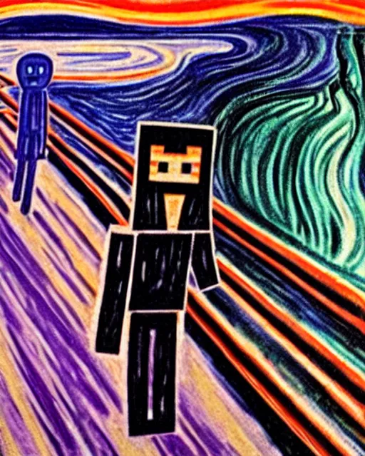 Prompt: minecraft enderman as the subject in the scream by edvard munch