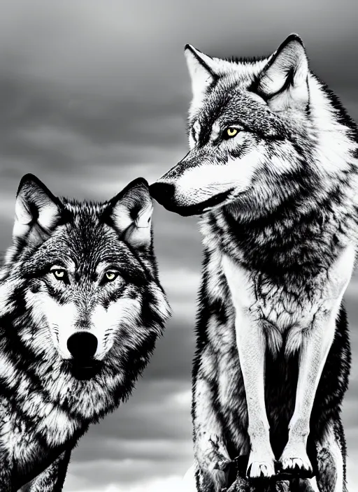 Image similar to two wolves black and white portrait white sky in background