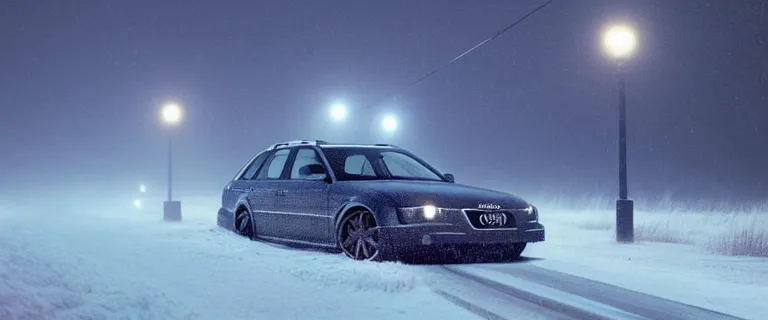 Prompt: Audi A4 B6 Avant (2002), a gritty neo-noir, dramatic bright lighting, cinematic, establishing shot, extremely high detail, photorealistic, cinematic lighting, artstation, by simon stalenhag, Snowy ukrainian road, At night, Poets of the Fall - Late Goodbye