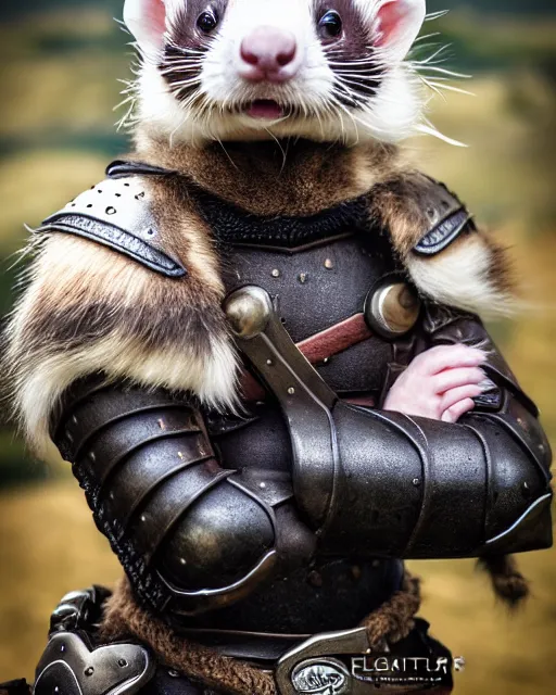 Image similar to ferret warrior, furry, fantasy, viking, high detailed, photography, cloudy, lightweight leather armour, scandinavia, plain, detailed face, look into the distance, serious face, full body, in full growth, professional photographer, masterpiece, 5 0 mm, extremely detailed, 8 k