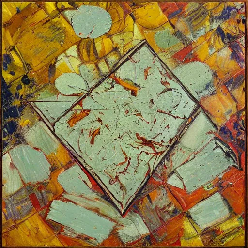 Image similar to oil paint impasto relief, over head view of a large empty degraded chess board, multi layered thick brush marks, some splattered paint, in the style of ivan shishkin and frank auerbach and van gogh