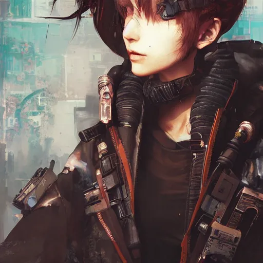 Image similar to highly detailed portrait of a post-cyberpunk young lady by Akihiko Yoshida, Greg Tocchini, 4k resolution