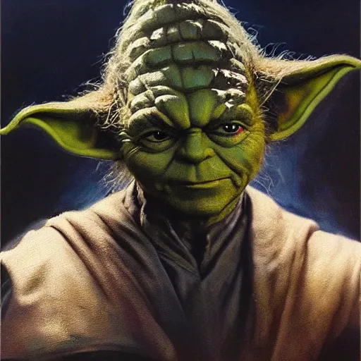 Image similar to ultra realistic portrait painting of tom selleck as yoda, art by frank frazetta, 4 k, ultra realistic, highly detailed, epic lighting