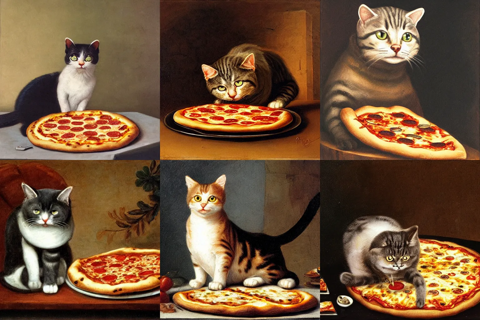 Prompt: Cat sitting on a pizza by Rembrant