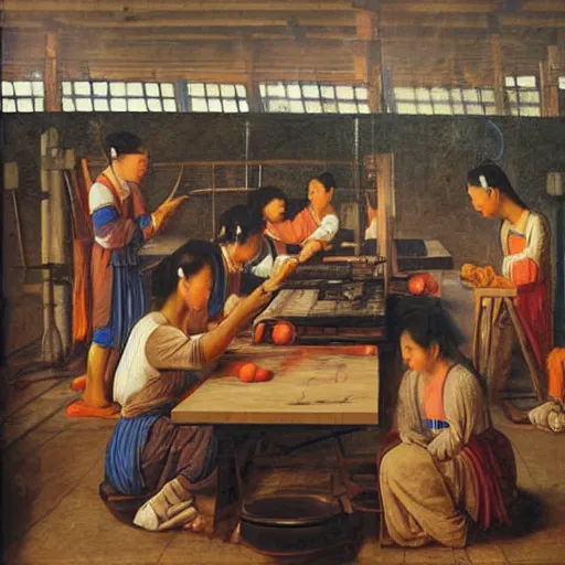 Image similar to renaissance oil painting of exploited chinese workers in an iphone manufacturing plant