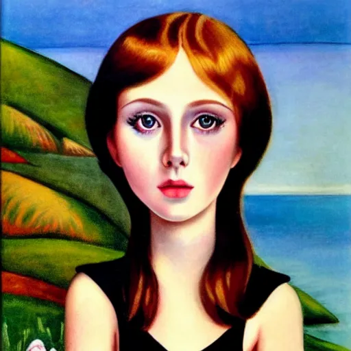 Image similar to a portrait of a character in a scenic environment by Margaret Keane