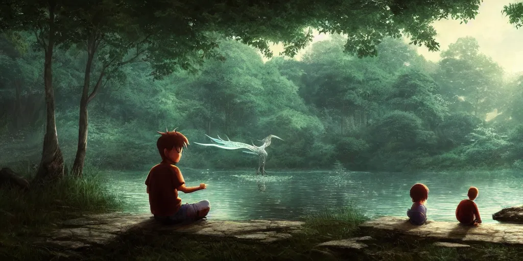 Image similar to a big silver dragon and a boy sitting next to lake in forest, many fireflys, at night, concept art, dof, cryengine, digital art, detailed background, makoto shinkai
