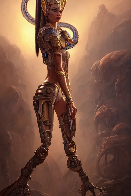 Image similar to portrait of a beautiful female hybrid cyborg atlantean anubis hada elsa jean alien warrior, regal, realistic, refined, detailed, digital art, jessica rossier, michael cheval, esao andrews, steampunk, walt disney ( 1 9 3 7 ), francois boucher, oil painting, highly detailed, cinematic lighting, unreal engine, 8 k, hd