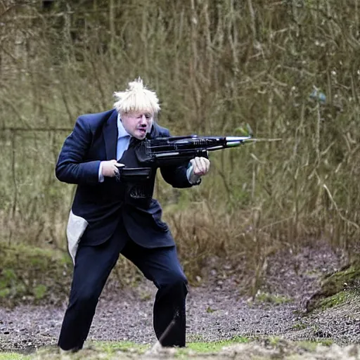 Image similar to Boris Johnson playing paintball, he is losing