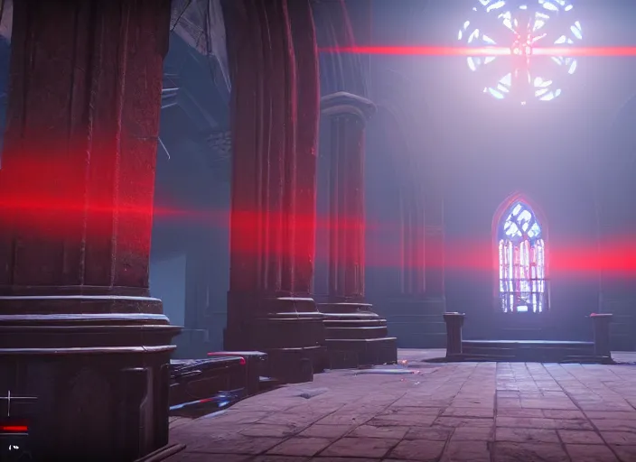 Image similar to ancient church with red shafts of light in destiny 2, foggy, liminal, dark, dystopian, beautiful architecture, abandoned, highly detailed 4 k 6 0 fps in - game destiny 2 gameplay screenshot leak