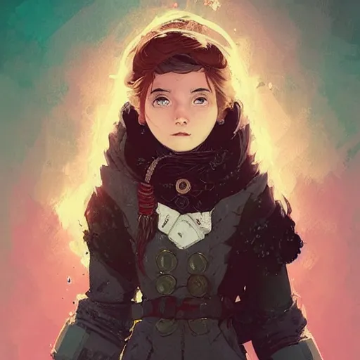 Image similar to Highly detailed portrait of a frostpunk young lady with, freckles and wavy hair by Atey Ghailan, by Loish, by Bryan Lee O'Malley, by Cliff Chiang, by Greg Rutkowski, inspired by image comics, inspired by graphic novel cover art, inspired by nier!! Gradient color scheme ((grafitti tag brick wall background)), trending on artstation