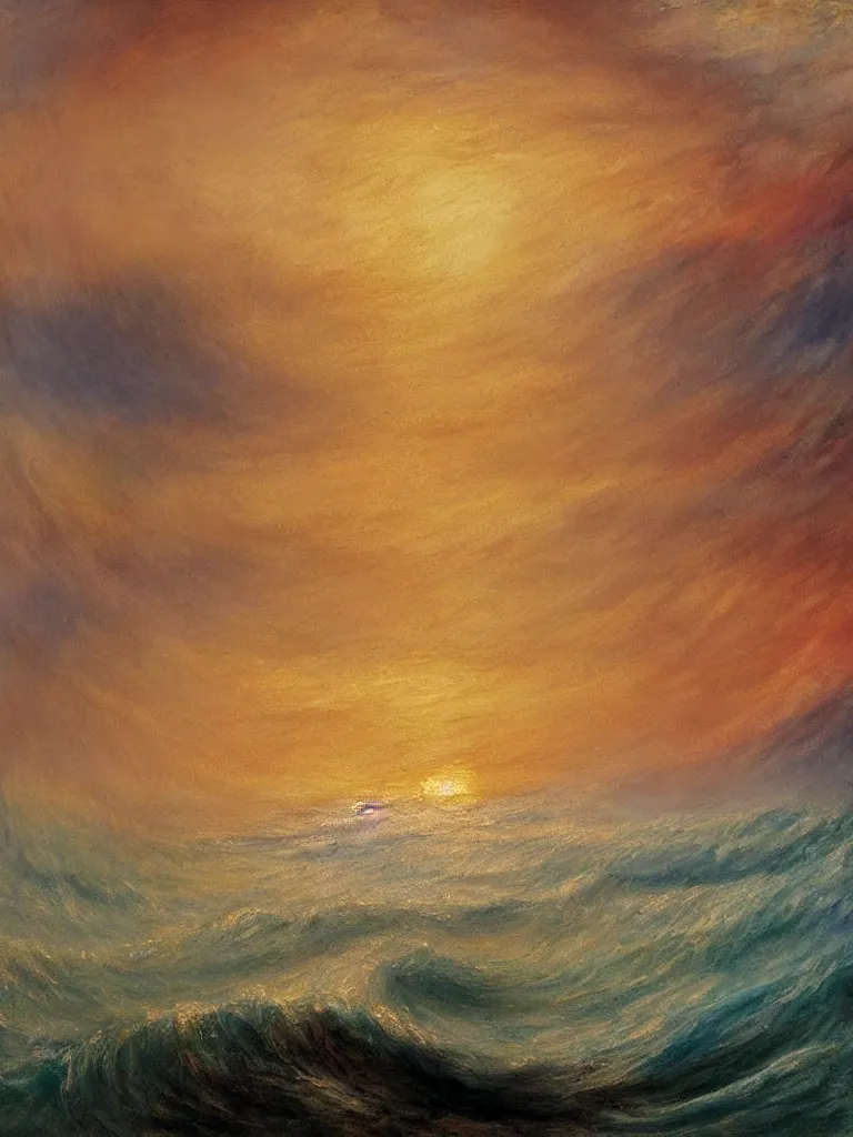 Image similar to a painting of beautiful waves in a colorful ocean during a breathtakingly misty sunset in the style of Joseph Mallord William Turner, artstudio, light oil color scheme