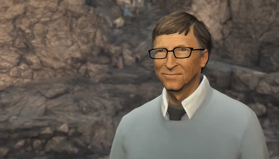 Image similar to character screenshot of bill gates, skyrim, enb, 4 k, bokeh