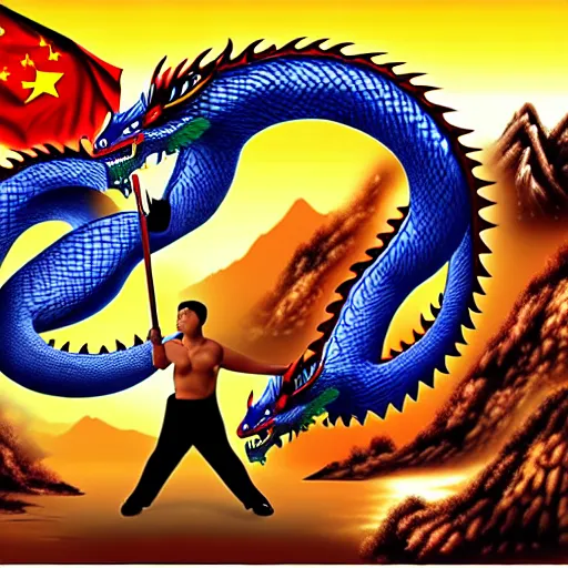 Image similar to Chinese president, battle, bananas weapon, dragon, mountains background, fighting stance, painting