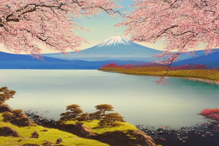 Image similar to mount fuji, view from behind lake, sunny morning, photorealistic landscape, oil on canvas, standing under blossoming cherry trees