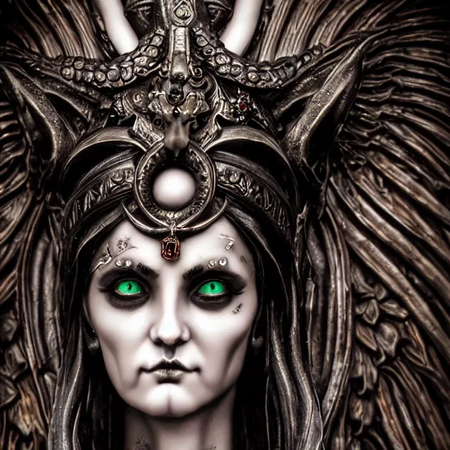 Prompt: centered portrait, close up, candid photography, goddess of death, by anne stokes, updo, highly detailed, accurate