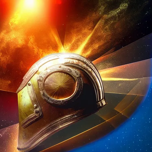 Prompt: a roman helmet flying in space with the earth in the background, sun flare.