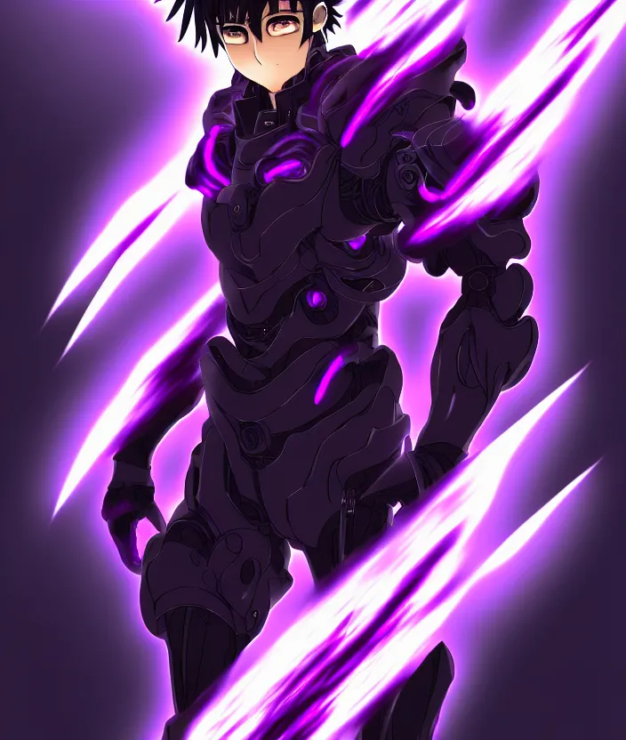 Image similar to a detailed manga illustration character full body portrait of a dark haired cyborg anime man wreathed in purple fire, trending on artstation, digital art, 4 k resolution, detailed, high quality, sharp focus, hq artwork, insane detail, concept art, character concept, character illustration, full body illustration, cinematic, dramatic lighting