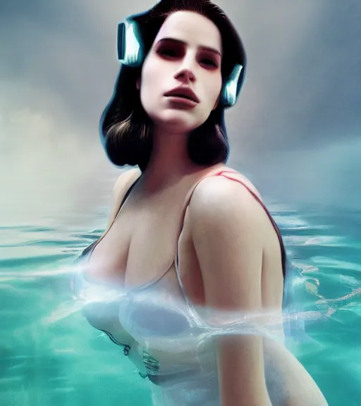 Prompt: underwater portrait of lana Del Rey as a cyborg, octane render, kingdom come by Alex Ross