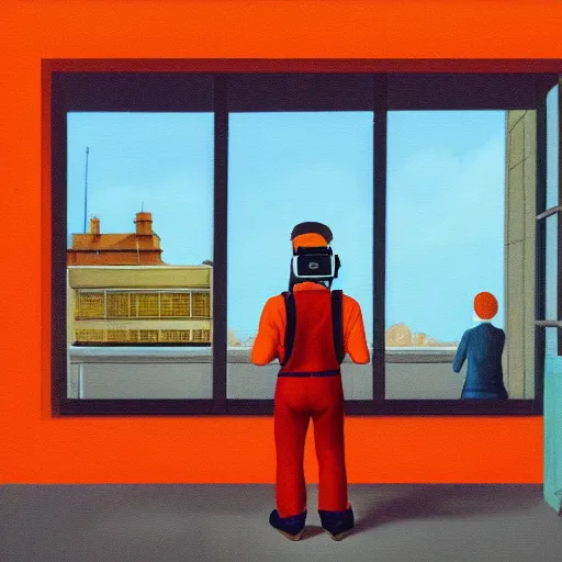 Image similar to A fine art painting of a man wearing Vr goggles dressed in orange overalls and creating the metaverse at a desk with screens, view from outside through a window on a British street. In the style of Edward Hopper and Wes Anderson