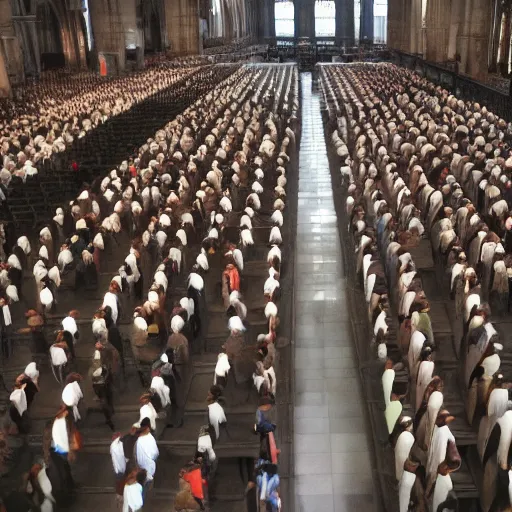 Prompt: thousands of people packing a massive cathedral to worship a dishwasher