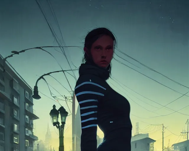 Image similar to portrait of attractive slav heroine wearing an addidas tracksuit. illuminated street lights, slav apartments in backround, by greg rutkowski and wlop, detailed, cinematic, 8 k, intricate, rule of thirds.