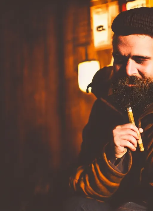 Image similar to Photography of a sad fully bearded man wearing warm clothes, and a huge travel backpack, drinking and smoking , sitting in a bar, full body shot, atmospheric lighting , wide angle lens
